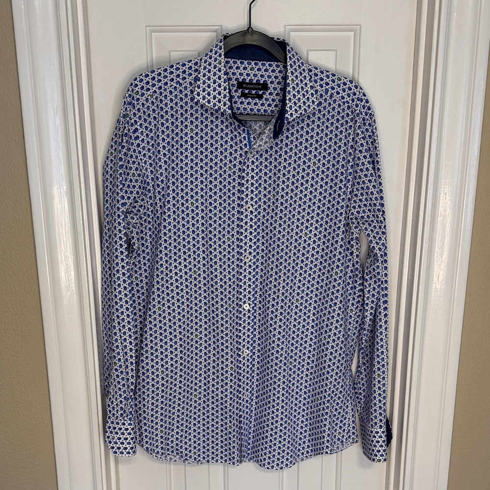 Bugatchi Blue and White Paisley Print Shirt